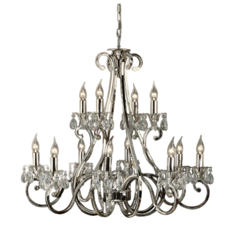 Interiors 1900 Oksana Nickel Plated UL1P12N 12 Light Candle Chandelier With Crystal Droplets