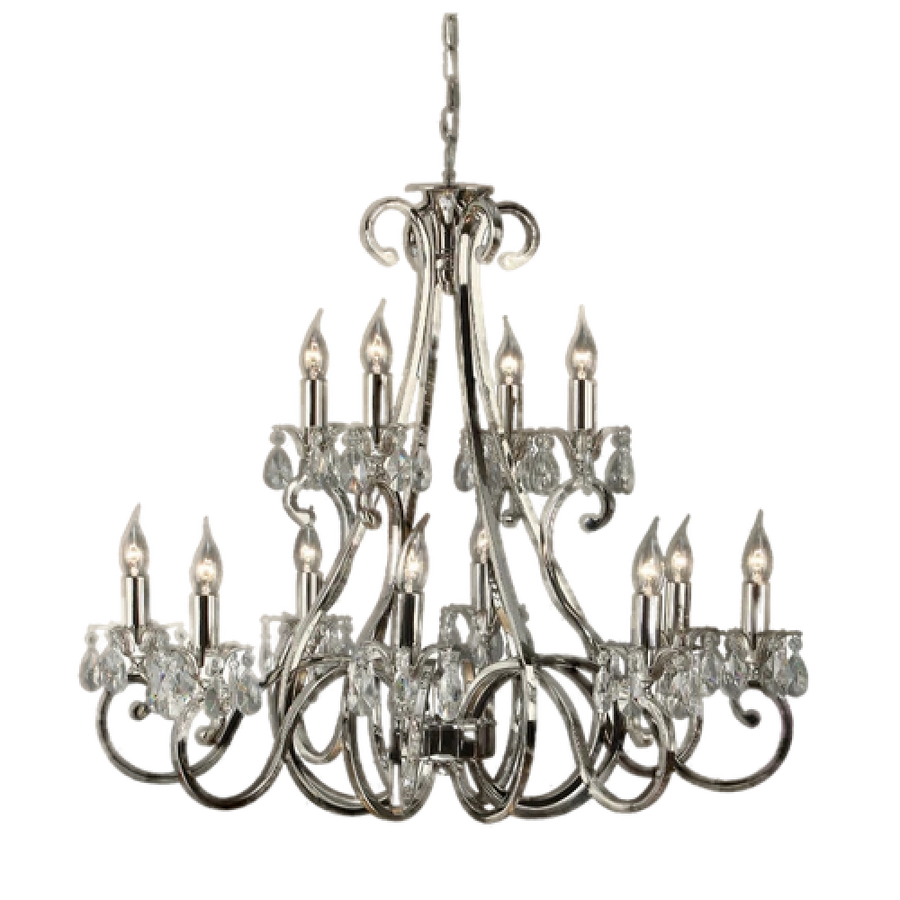 Interiors 1900 Oksana Nickel Plated UL1P12N 12 Light Candle Chandelier With Crystal Droplets