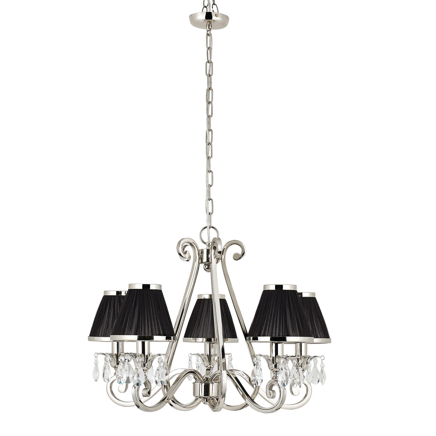 This 5-light candle chandelier is from our Oksana nickel range by Interiors 1900. The Oskana Nickel 5-light pendant is an impressive candle chandelier fitting. Finished in polished nickel plate. Suitable for hallways, living rooms, and dining rooms.  Features faceted lead crystal droplets and black pleated shades. Matching items available and compatible with LED lamps.  Supplied complete with fixing accessories.