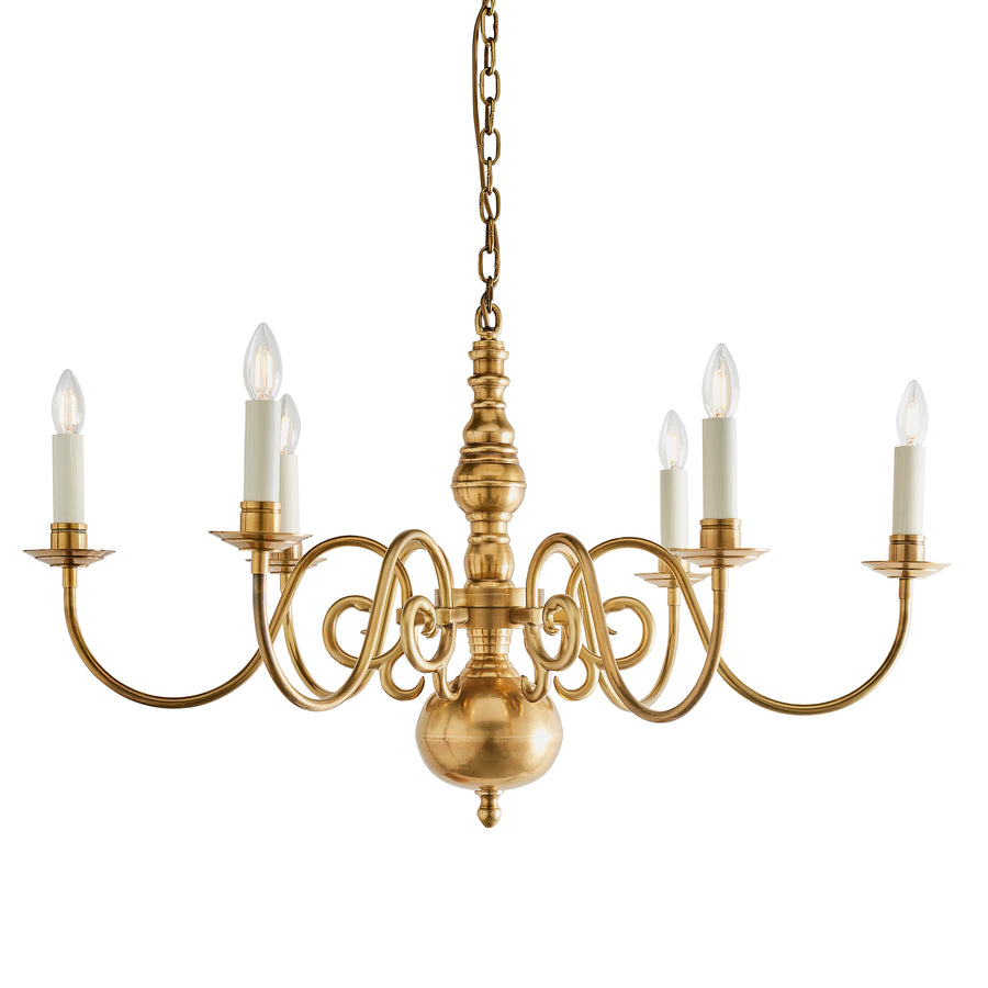 The Chamberlain 6 light pendant is a classic, solid brass candle chandelier with a soft, mellow brass finish and beautifully curved detailing. Made to the highest quality using traditional casting techniques and then hand finished with cream candle drips to complete the look which, supplied in 2 lengths, and shades can be added.