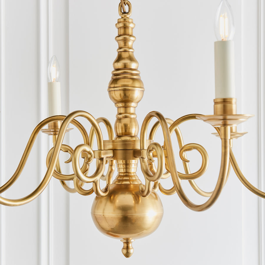 The Chamberlain 6 light pendant is a classic, solid brass candle chandelier with a soft, mellow brass finish and beautifully curved detailing. Made to the highest quality using traditional casting techniques and then hand finished with cream candle drips to complete the look which, supplied in 2 lengths, and shades can be added.