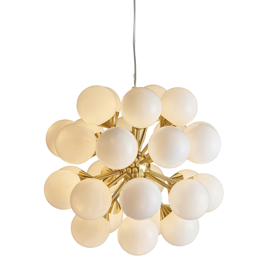 Endon Oscar 28 Light 76499 Chandelier Finished In Brushed Brass With White Glass Shades