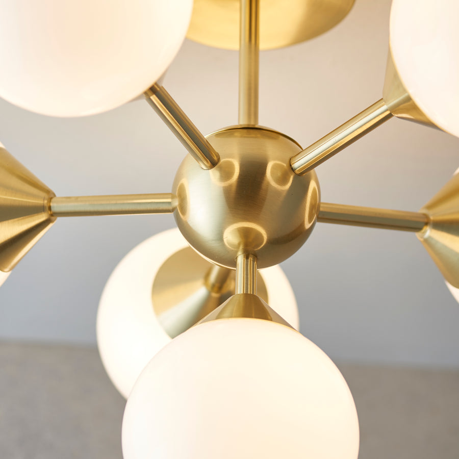 Endon Oscar 6 Light Semi Flush 76501 Chandelier Finished In Brushed Brass With White Glass Shades