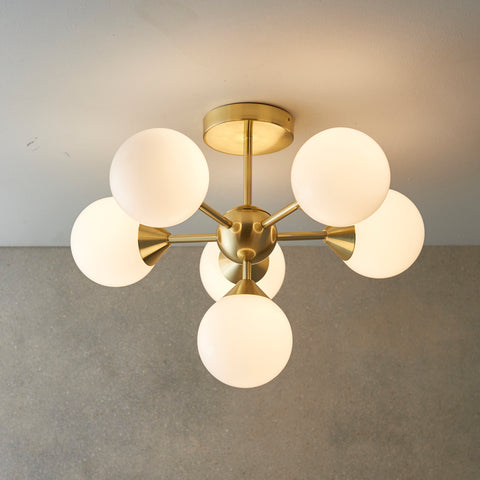 Endon Oscar 6 Light Semi Flush 76501 Chandelier Finished In Brushed Brass With White Glass Shades