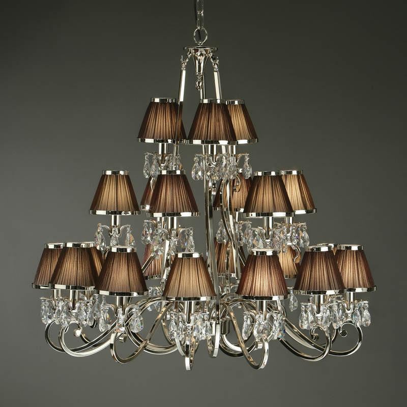 Oskana 21 light nickel plated crystal droplets candle chandelier with chocolate shades