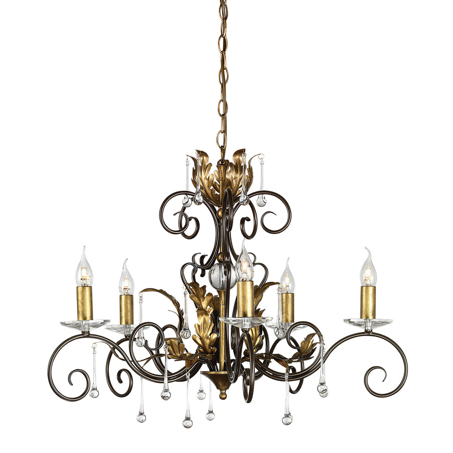 Elstead Amarilli bronze and gold 5-light chandelier is made in Britain and boasts traditionally hand-forged scrolls, antiqued oak leaves, clear glass drops, and cut-glass sconces