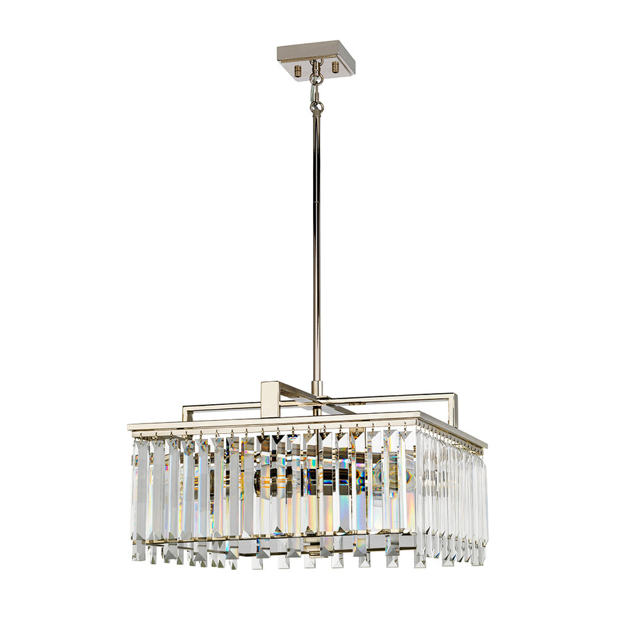 This Aries Art Deco style 4 light dual mount crystal chandelier in polished nickel is beautiful. Featuring square ceiling cup, rod suspension and square frame housing four lamp bulbs.