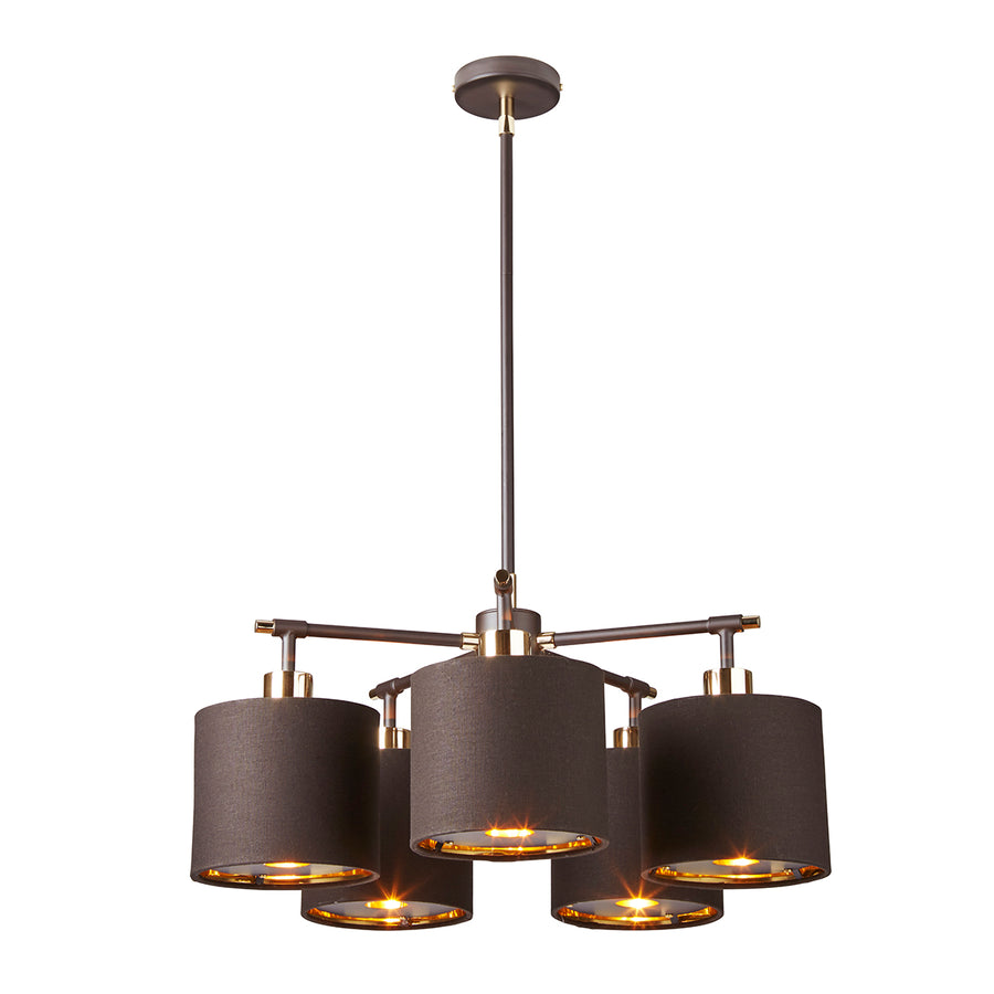 This Elstead Balance brown finish 5 light chandelier with gold lined shades and polished brass detail is contemporary and stylish. Circular ceiling mount and rod suspension finished in brown, with polished brass detail at the top and shade mounts.