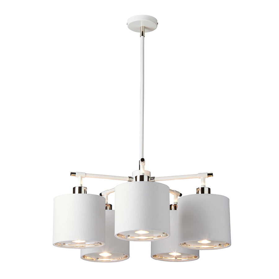 This Elstead Balance white finish 5 light chandelier with white shades and polished nickel detail is contemporary and stylish. Circular ceiling mount and rod suspension finished in white, with polished nickel detail at the top and shade mounts