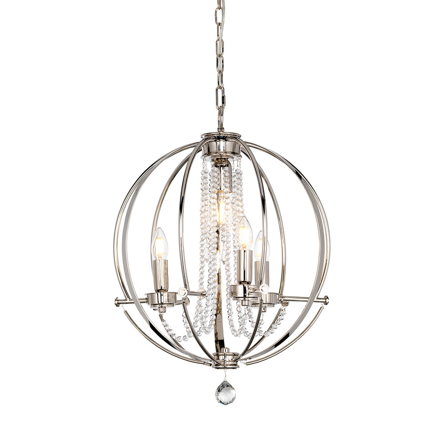 This Elstead Cassie 4 light polished nickel globe chandelier pendant with crystal swags is modern and stylish. Featuring a circular ceiling mount, chain suspension, and a polished nickel 46cm diameter globe constructed from metal bands.