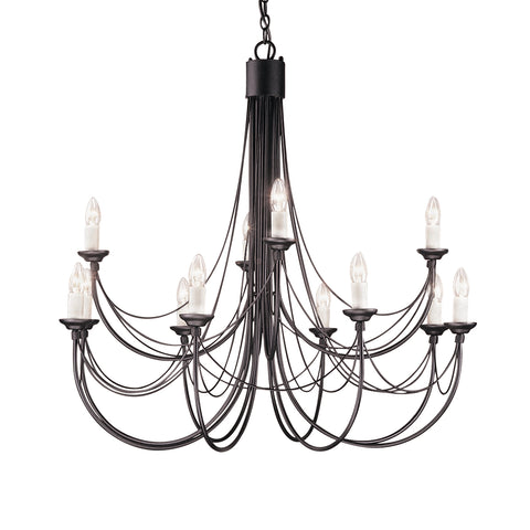 This Elstead Carisbrooke 12 light large chandelier in Gothic black finish is made in Britain and features a circular ceiling mount, with an ornate petal shield and chain link suspension. 