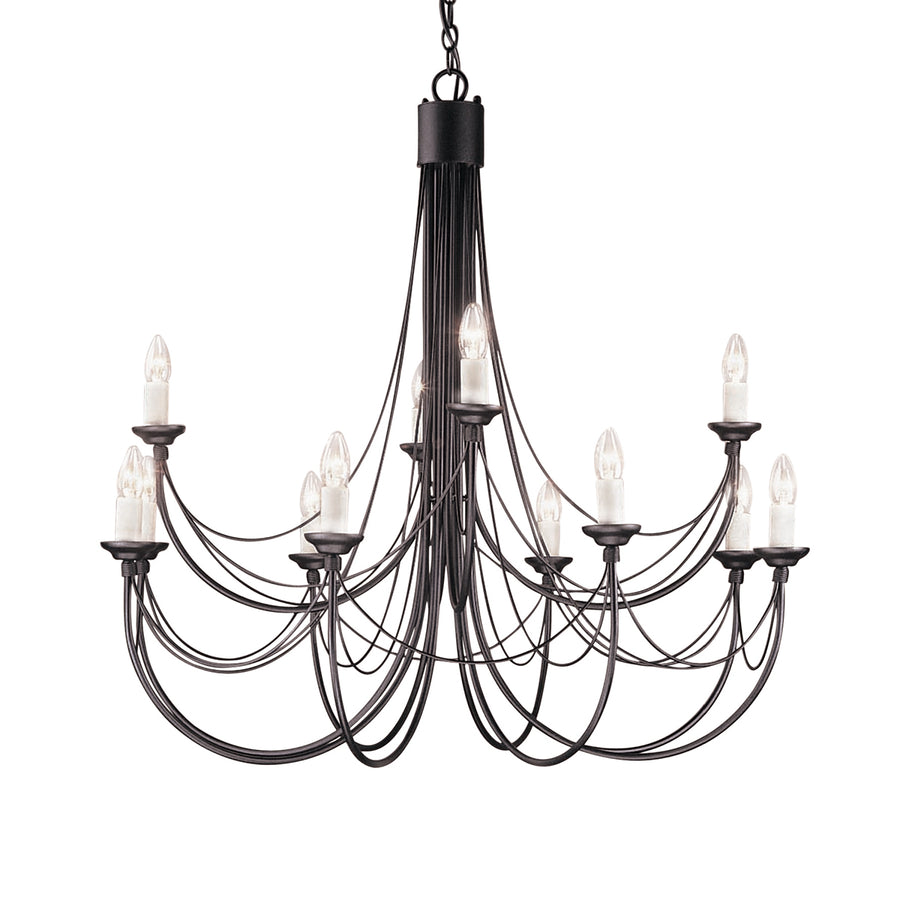 This Elstead Carisbrooke 12 light large chandelier in Gothic black finish is made in Britain and features a circular ceiling mount, with an ornate petal shield and chain link suspension. 