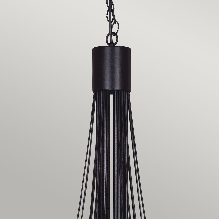 This Elstead Carisbrooke 18 light massive chandelier in Gothic black ironwork is made in Britain and features a circular ceiling mount, with an ornate petal shield and chain link suspension. 
