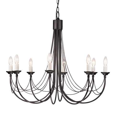This Elstead Carisbrooke 8 light large chandelier in Gothic black finish is made in Britain and features a circular ceiling mount, with an ornate petal shield and chain link suspension.