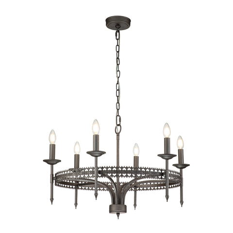 This Elstead Crown 6 light chandelier ceiling light in iron gate finish is traditional and rustic. Featuring a ceiling mount, chain suspension and central rod, with filigree metalwork rim and curving arms attached to tall candle style lights.