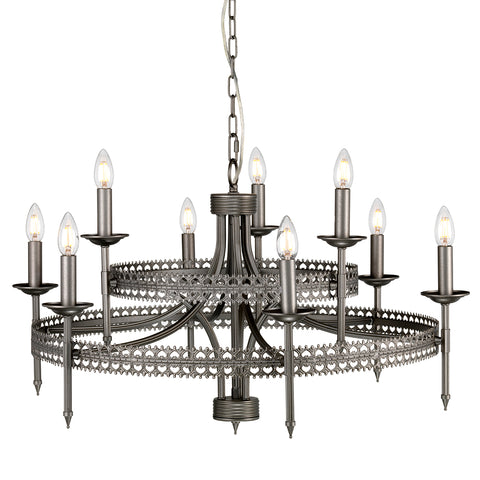 This Elstead Crown 9 light chandelier ceiling light in iron gate finish is traditional and rustic. Featuring a ceiling mount, chain suspension, and central rod, with a large two-tier frame formed by two filigree metalwork circles and curving arms.