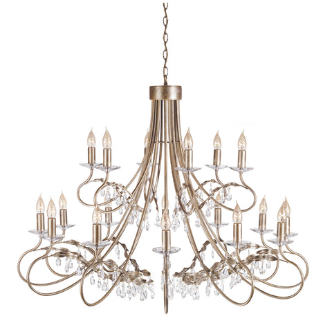 This Elstead Christina large silver and gold 18-light chandelier, This Elstead Christina large silver and gold 18-light chandelier with crystal drops and cut glass sconces is handmade in England and features a circular ceiling mount and chain link suspension. 