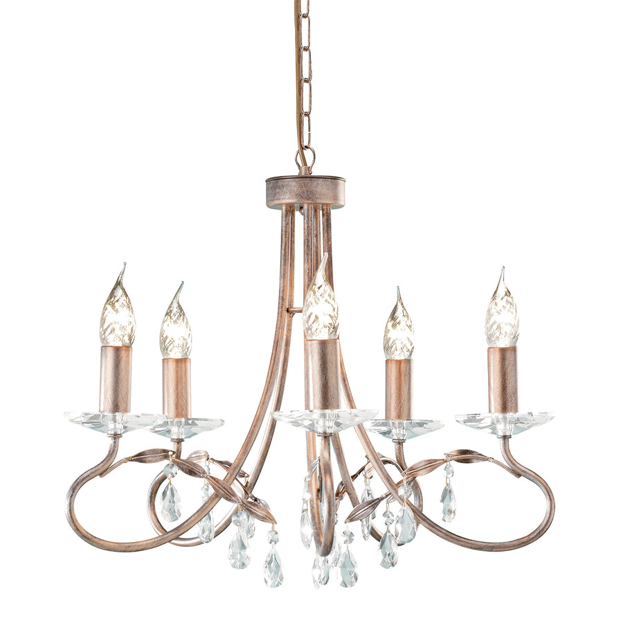 This Elstead Christina classic silver and gold 5-light chandelier with crystal drops and cut glass sconces is handmade in England and features a circular ceiling mount and chain link suspension. 