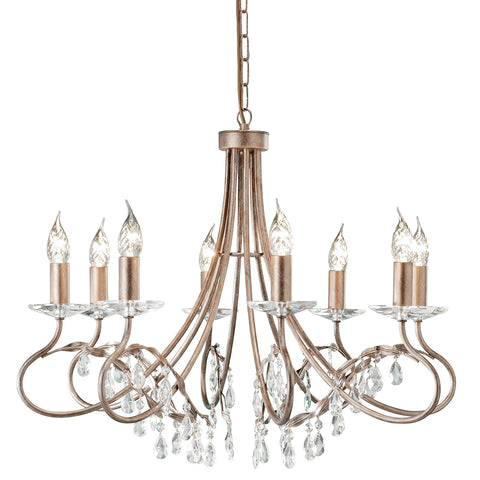 This Elstead Christina classic silver and gold 8 light chandelier with crystal drops and cut glass sconces is handmade in England and features a circular ceiling mount and chain link suspension.