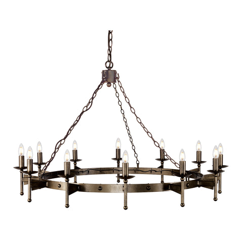 The Elstead Cromwell large Gothic 12 light bronze cartwheel chandelier, hand finished in a unique aged bronze finish, with matching candle tubes and metal sconces.