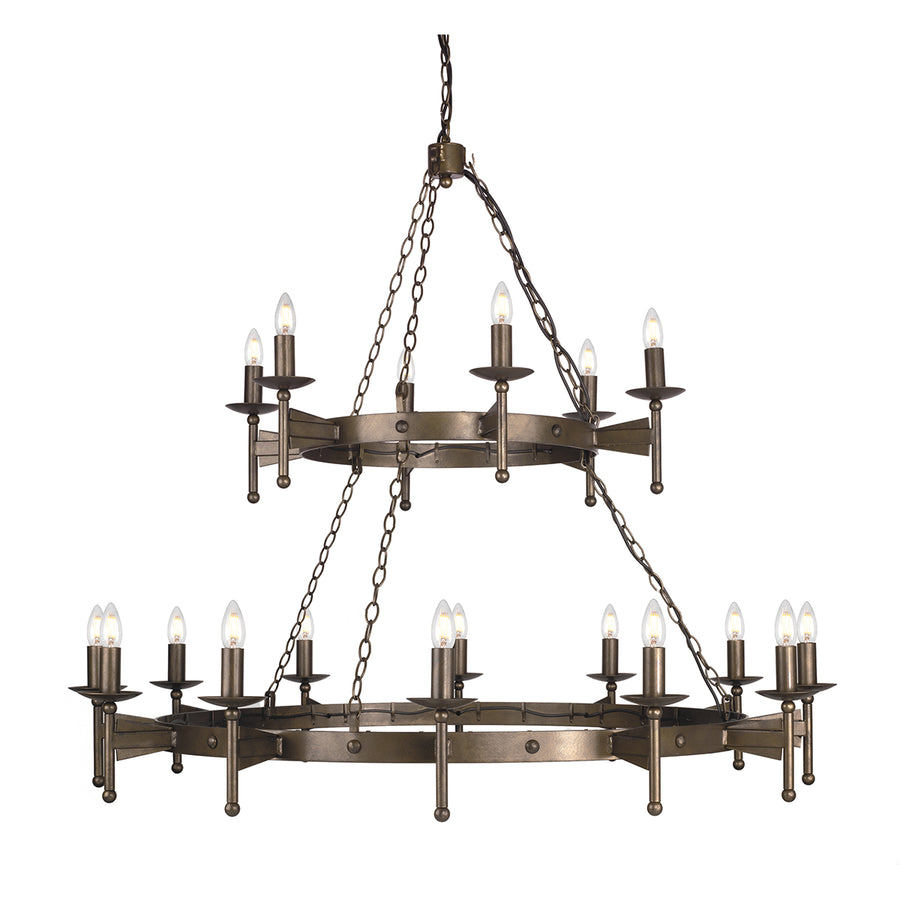 The Cromwell very large Gothic 18 light bronze cartwheel chandelier, hand finished in a unique aged bronze finish, with matching candle tubes and metal sconces. A huge, handmade wrought iron 2-tier cartwheel chandelier, with 12 lights on the lower tier and 6 on the top.