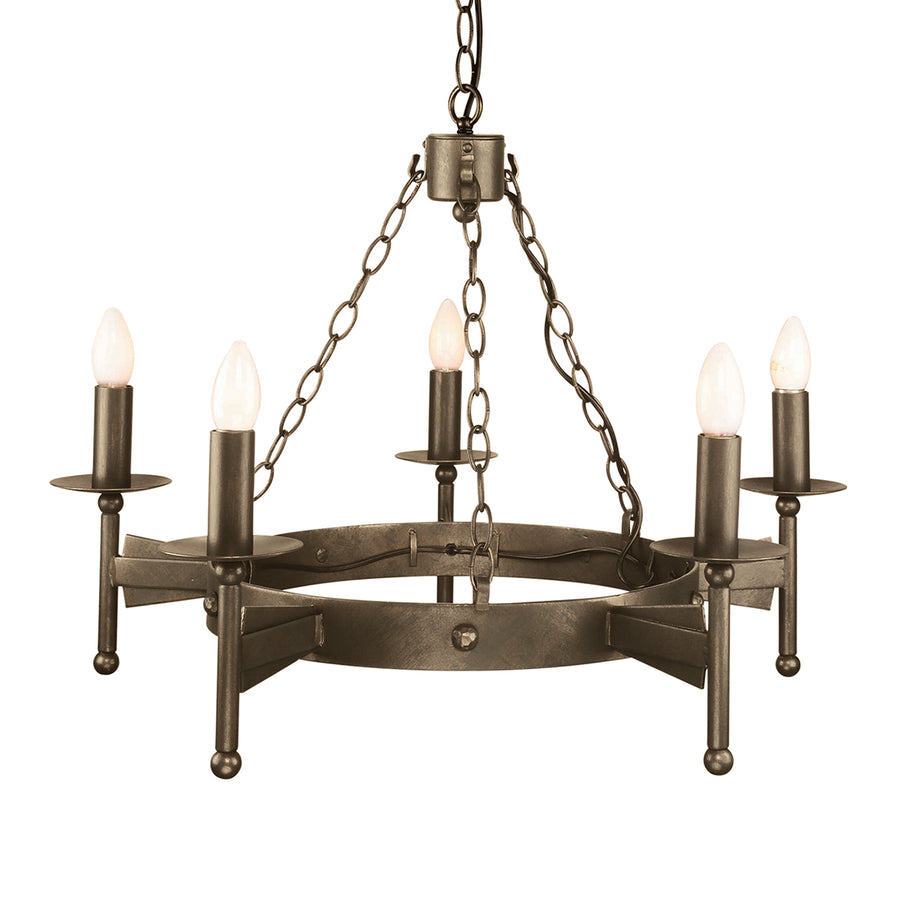 The Elstead Cromwell aged bronze cartwheel 5 light Gothic chandelier, hand finished in a unique aged bronze finish, with matching candle tubes and metal sconces.  Part of a truly medieval style range hand-made in heavy wrought iron. Each piece is individually hand-painted in a unique Old Bronze finish and has been designed and manufactured in Britain.