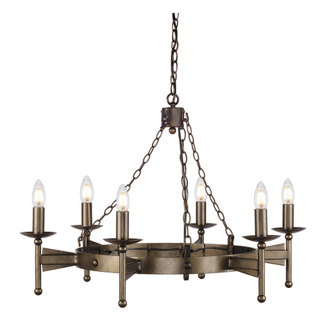 Elstead Cromwell 6 Light Chandelier, The Elstead Cromwell aged bronze cartwheel 6 light Gothic chandelier, hand finished in a unique aged bronze finish, with matching candle tubes and metal sconces.