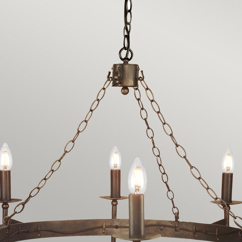 The Elstead Cromwell aged bronze cartwheel 8 light large Gothic chandelier, hand finished in a unique aged bronze finish, with matching candle tubes and metal sconces.The Elstead Cromwell aged bronze cartwheel 8 light large Gothic chandelier, hand finished in a unique aged bronze finish, with matching candle tubes and metal sconces.