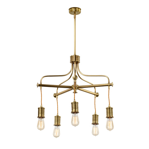 This Elstead Douille 5 light chandelier in aged brass finish with vintage industrial style features a circular ridged ceiling mount, rod suspension, and ribbed circular gallery.