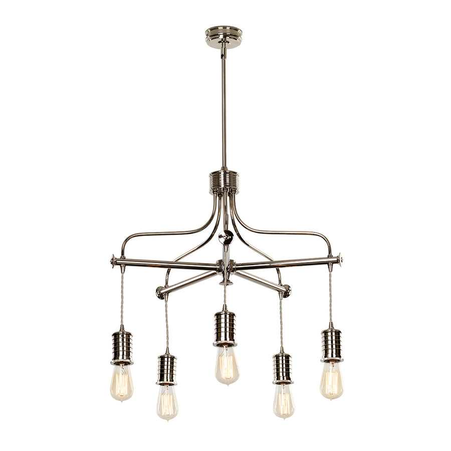 This Elstead Douille 5 light chandelier in polished nickel finish with vintage industrial style features a circular ridged ceiling mount, rod suspension, and ribbed circular gallery. 