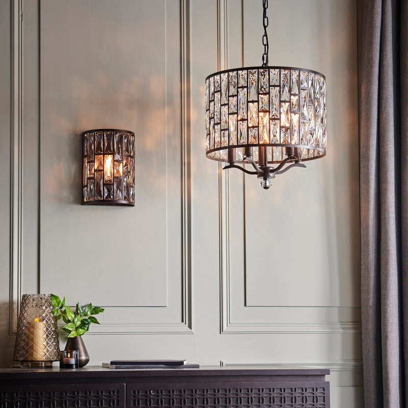 ndoncollection belle-5-light-ceiling pendant chandelier in dark bronze and clear crystal glass product code 69390