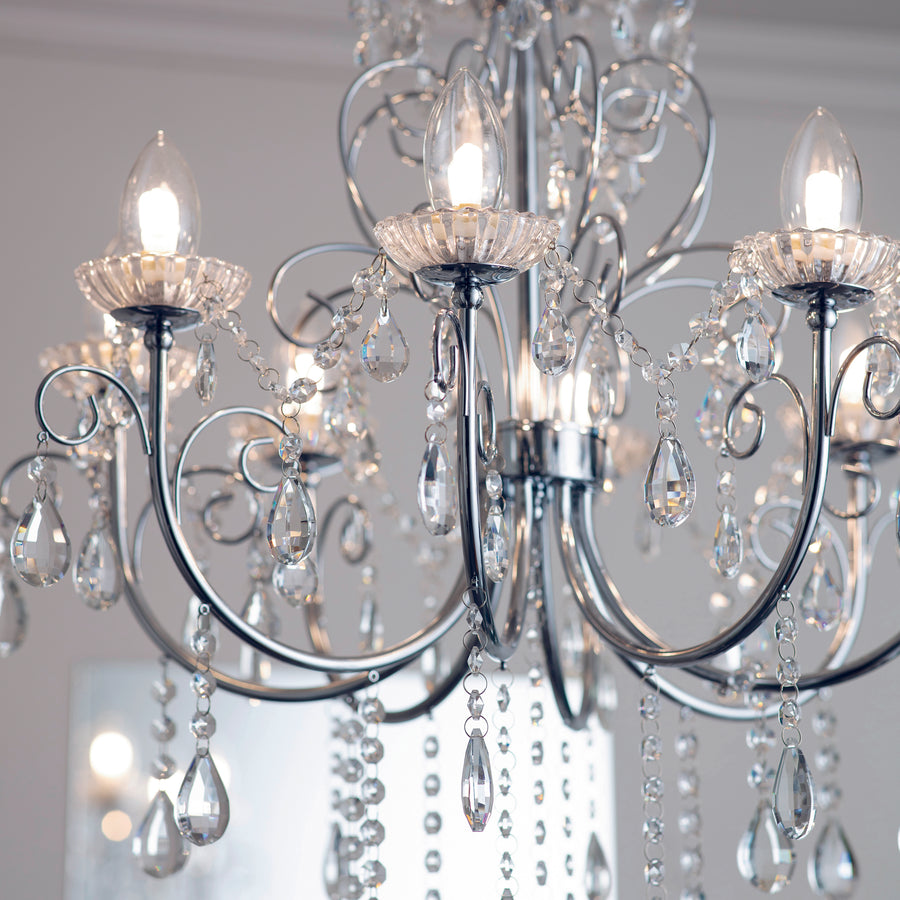  This stunning Tabitha 8 light pendant crystal chandeliers comes in a polished chrome finish, and is IP44 rated for bathrooms from Endon Lighting product code 72561