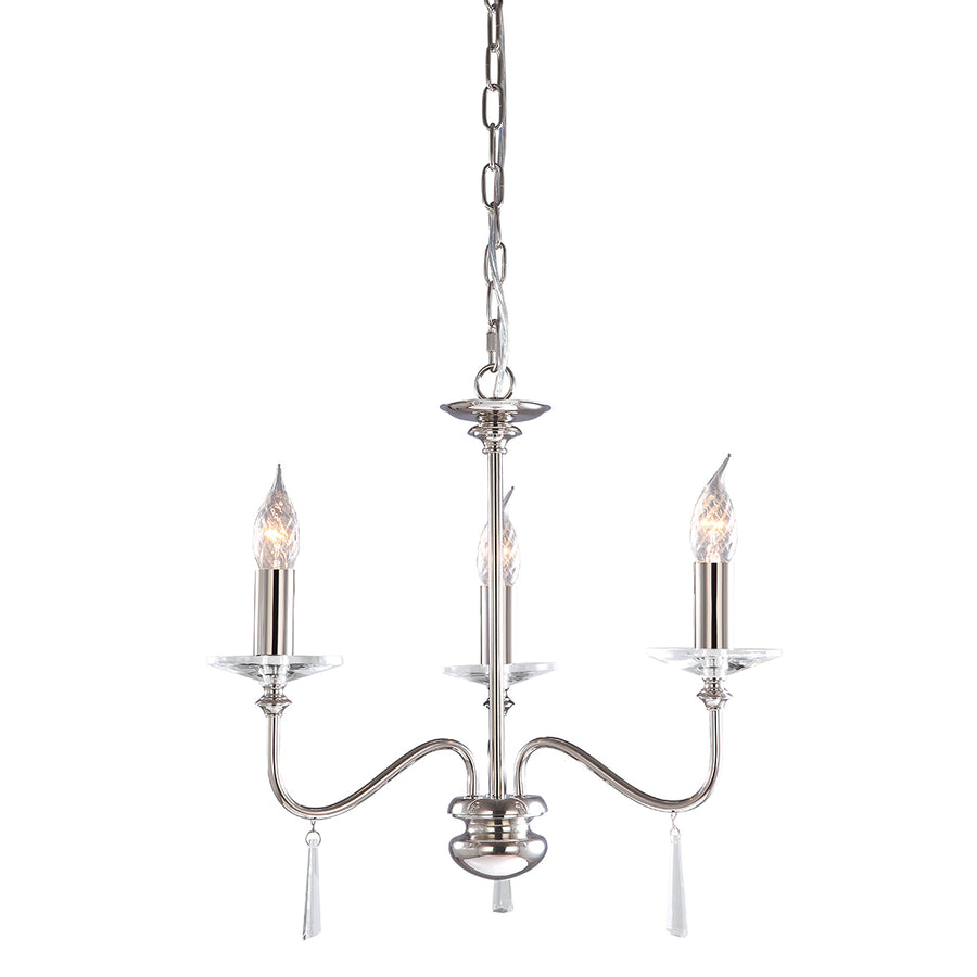 The Elstead Finsbury Park small three-light chandelier finished in polished nickel, a stunning traditional chandelier, with graceful upswept curved arms. Heavy-cut clear glass sconces, hand-cut glass drops, and matching candle tubes complete this classic light fitting. 