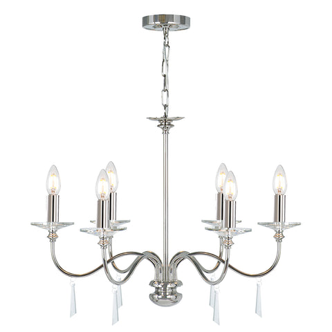 The Elstead Finsbury Park six-light chandelier finished in polished nickel, is a stunning traditional chandelier, with graceful upswept curved arms. Heavy-cut clear glass sconces, hand-cut glass drops, and matching candle tubes complete this classic light fitting. 