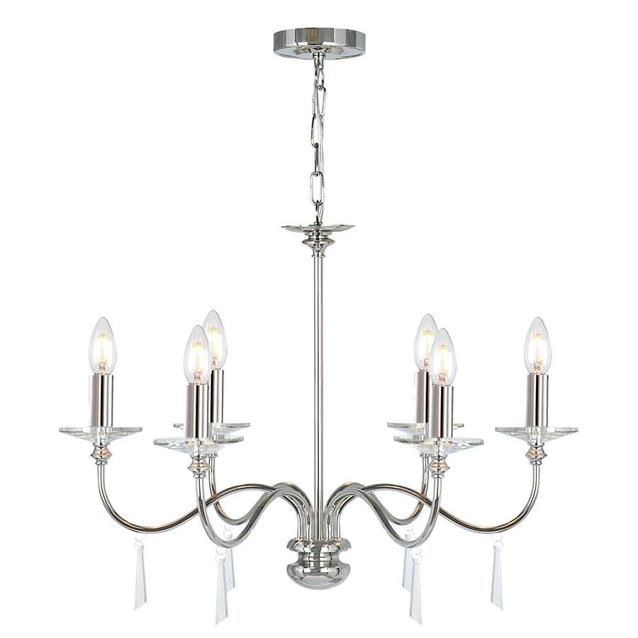 The Elstead Finsbury Park six-light chandelier finished in polished nickel, is a stunning traditional chandelier, with graceful upswept curved arms. Heavy-cut clear glass sconces, hand-cut glass drops, and matching candle tubes complete this classic light fitting. 