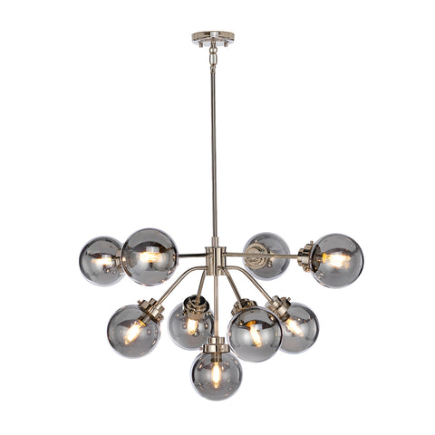 This Elstead Kula polished nickel 9 light chandelier with mirror globe shades is contemporary and stylish. Large ceiling light with circular mount, sectional rod suspension, and 88cm diameter body. Nine polished nickel arms lead to Deco-style smoked mirrored globe shades that become semi-transparent when lit. Modern luxury for your home.