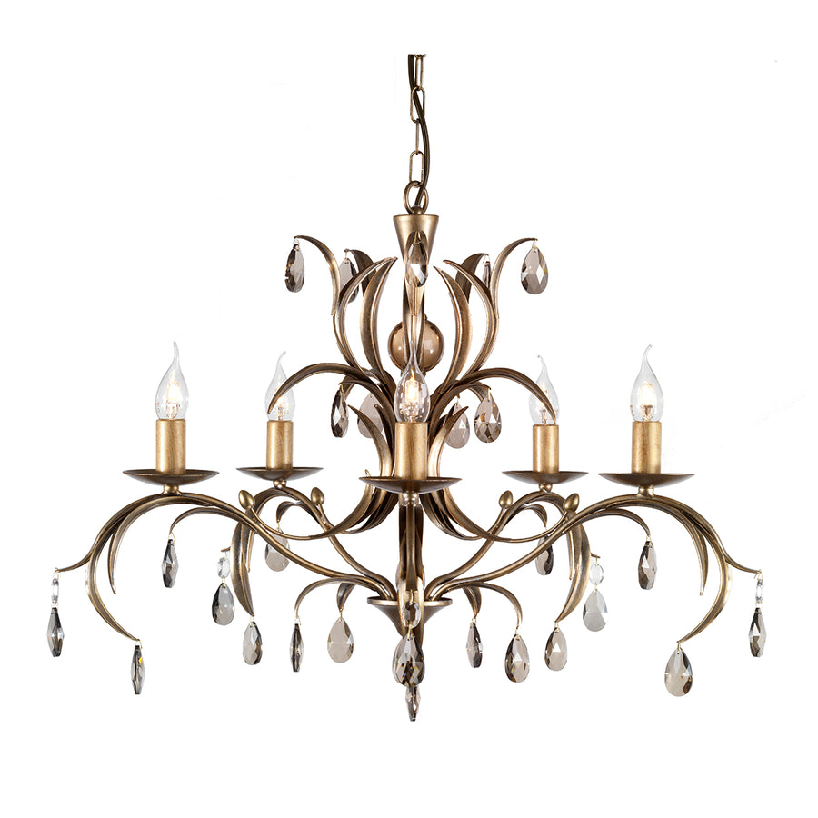This Elstead Lily Italian style 5 light chandelier in the metallic bronze finish is hand-made in England. An exclusive design featuring elegant hand-painted lily leaves in a unique deep metallic bronze and adorned with smoked cut glass droplets to complement the finish.
