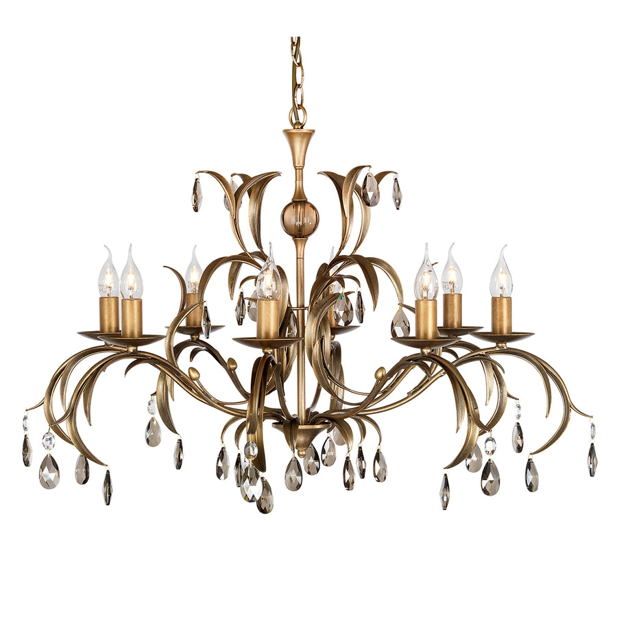 This Elstead Lily Italian style 8 light large chandelier in metallic bronze finish with smoked cut glass drops is handmade in England. An exclusive design hand finished to the highest quality.