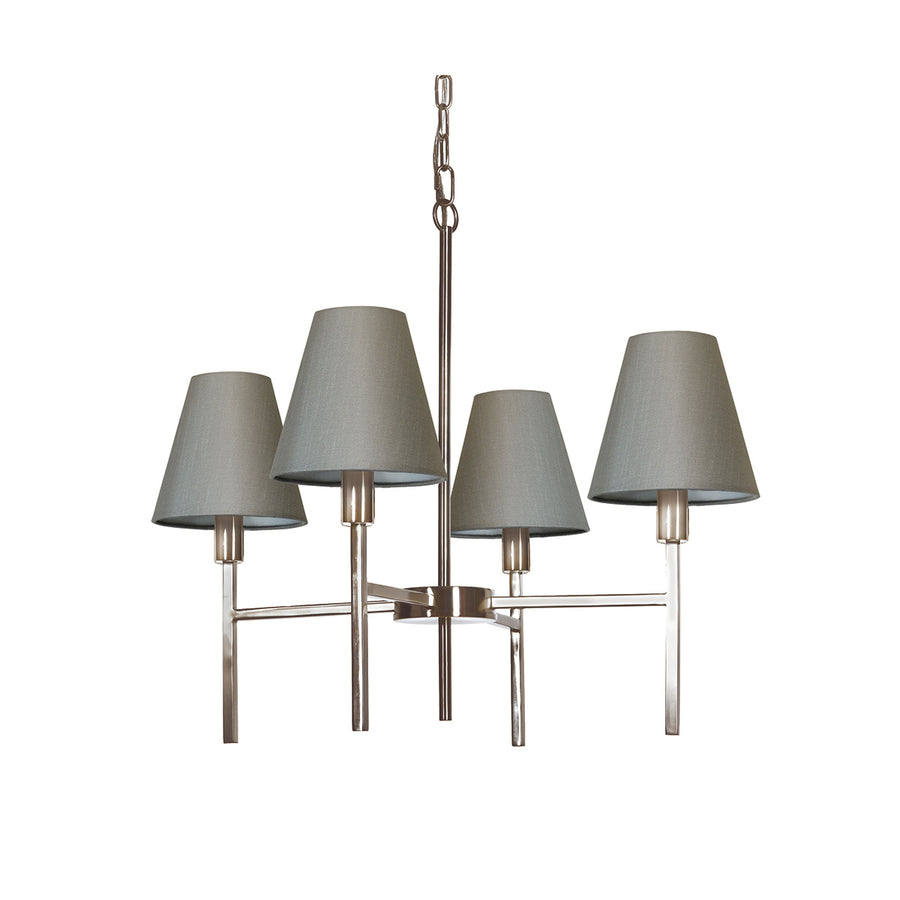 This Elstead Lucerne 4 light chandelier in brushed nickel finish with grey shades is sleek and contemporary. Featuring a ceiling mount, chain suspension, and drop rod, with a lower gallery and four straight arms, with upright stems, bright nickel lamp holders, and grey cone shades. Ideal for a bright and airy dining room, hallway, bedroom, or living room ceiling.