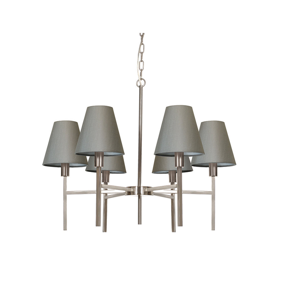 This Elstead Lucerne 6 light chandelier in brushed nickel finish with grey shades is sleek and contemporary. Featuring a ceiling mount, chain suspension, and drop rod, with a lower gallery and six straight arms, with upright stems, bright nickel lamp holders, and grey cone shades. Ideal for a bright and airy dining room, hallway, bedroom, or living room ceiling.