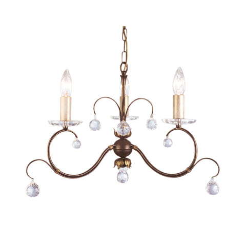 This Elstead Lunetta classic bronze finish 3 light chandelier with crystal sconces and spheres is timeless and elegant. Handmade in England, with graceful horn-like curved arms, 30% lead crystal sconces, and candle-style lights. The chandelier is hand-finished with a bronze patina and decorated with lots of crystal spheres to create a brilliant sparkle.