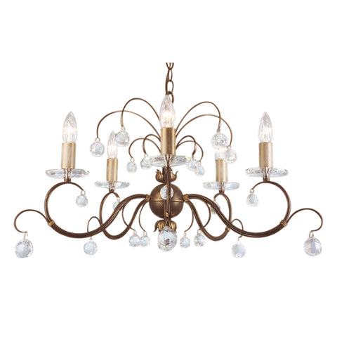 This Elstead Lunetta classic bronze finishes 5 light chandeliers with crystal sconces and spheres is timeless and elegant. Handmade in England, with graceful horn-like curved arms, 30% lead crystal sconces, and candle-style lights. The chandelier is hand-finished with a bronze patina and decorated with lots of crystal spheres to create a brilliant sparkle.