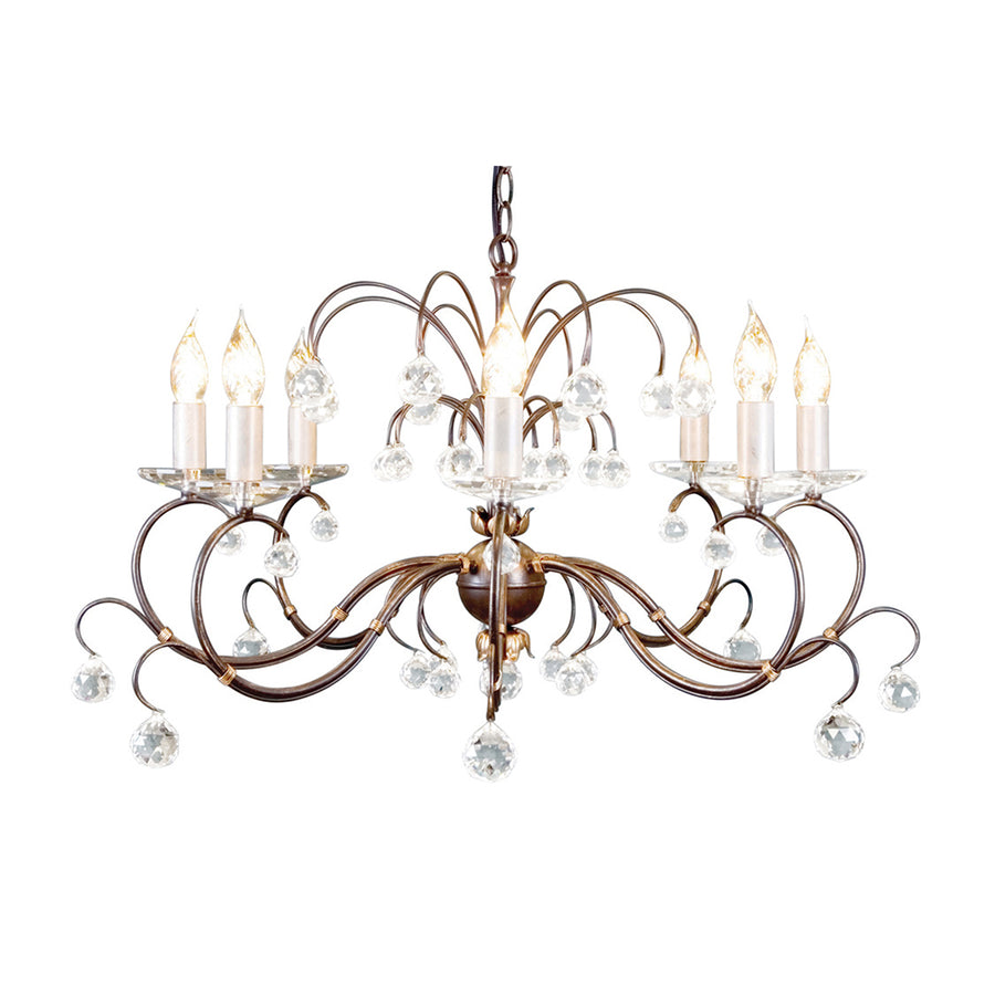 This Elstead Lunetta classic bronze finish 8 light large chandelier with crystal sconces and spheres is timeless and elegant. Handmade in England, with graceful horn-like curved arms, 30% lead crystal sconces, and candle-style lights. The chandelier is hand-finished with a bronze patina and decorated with lots of crystal spheres to create a brilliant sparkle.