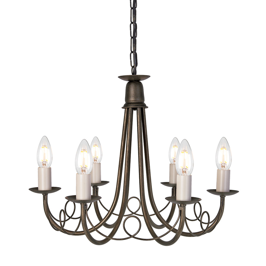 The Elstead Minster 6 light dual-mount rustic chandelier in black and gold is versatile and attractive. Made in England, and featuring pleasing looped drapes, is easily converted to a semi-flush mount and accepts optional glass shades