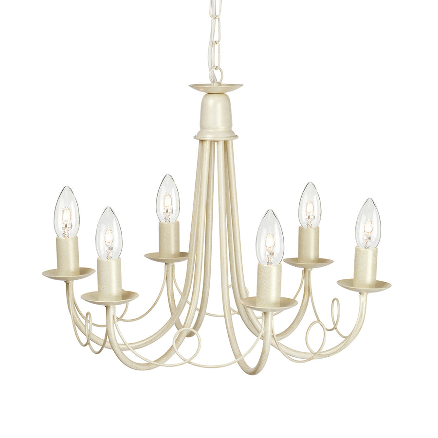 The Elstead Minster 6 light dual-mount rustic chandelier in ivory and gold is versatile and attractive. Made in England, and featuring pleasing looped drapes, is easily converted to a semi-flush mount and accepts optional glass shades.