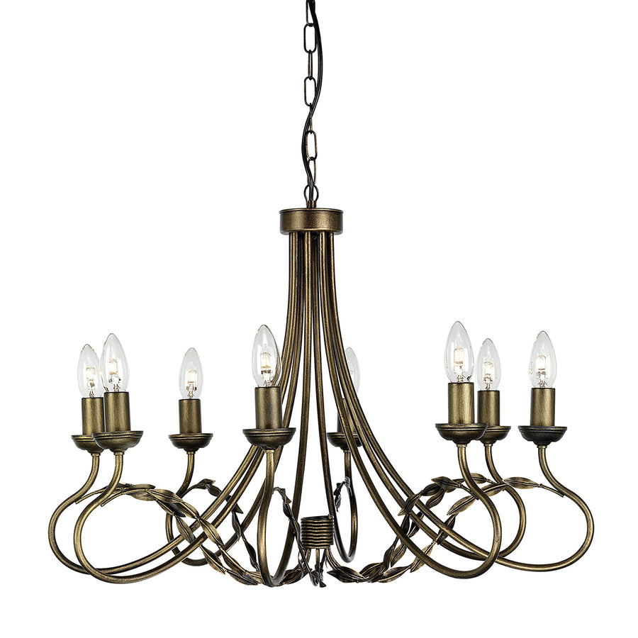 A contemporary style on a traditional theme, this large eight-light chandelier has finished a sheen of black/gold. An elegant design with accentuated curved arms flowing back into the center finial ending in a rope effect knot. Subtle leaf stems and bell cup candle style lights stand this wonderful suit for being a striking feature with an equity of sheer radiance.