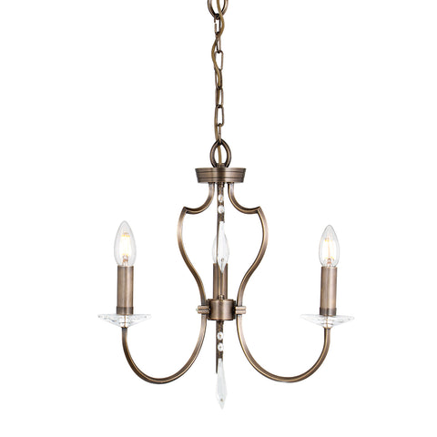 The Elstead Pimlico 3 light small chandelier in the dark bronze finish is manufactured from a solid brass square section tube, with graceful curved arms, candle style lights, and heavy cut glass sconces and drops to complement the mellow bronze finish.