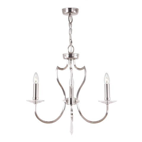 The Elstead Pimlico 3 light small chandelier in polished nickel finish is manufactured from solid brass square section tube, with graceful curved arms, candle style lights, and heavy cut glass sconces and drops to complement the polished nickel finish.