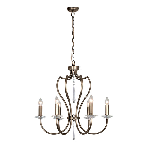The Elstead Pimlico 6 light birdcage chandelier in polished nickel finish is manufactured from solid brass square section tube, with gracefully curved arms, candle style lights, and heavy cut glass sconces and drops to complement the mellow bronze finish.