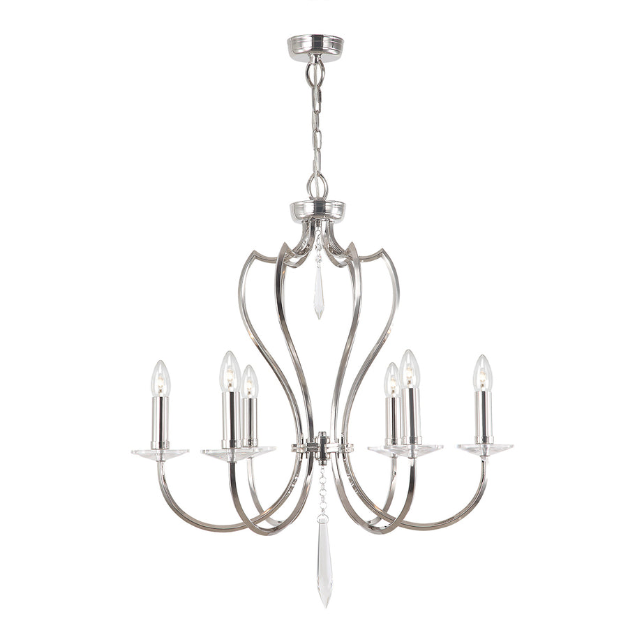 The Elstead Pimlico 6 light birdcage chandelier in polished nickel finish is manufactured from solid brass square section tube, with gracefully curved arms, candle style lights, and heavy cut glass sconces and drops to complement the polished nickel finish.